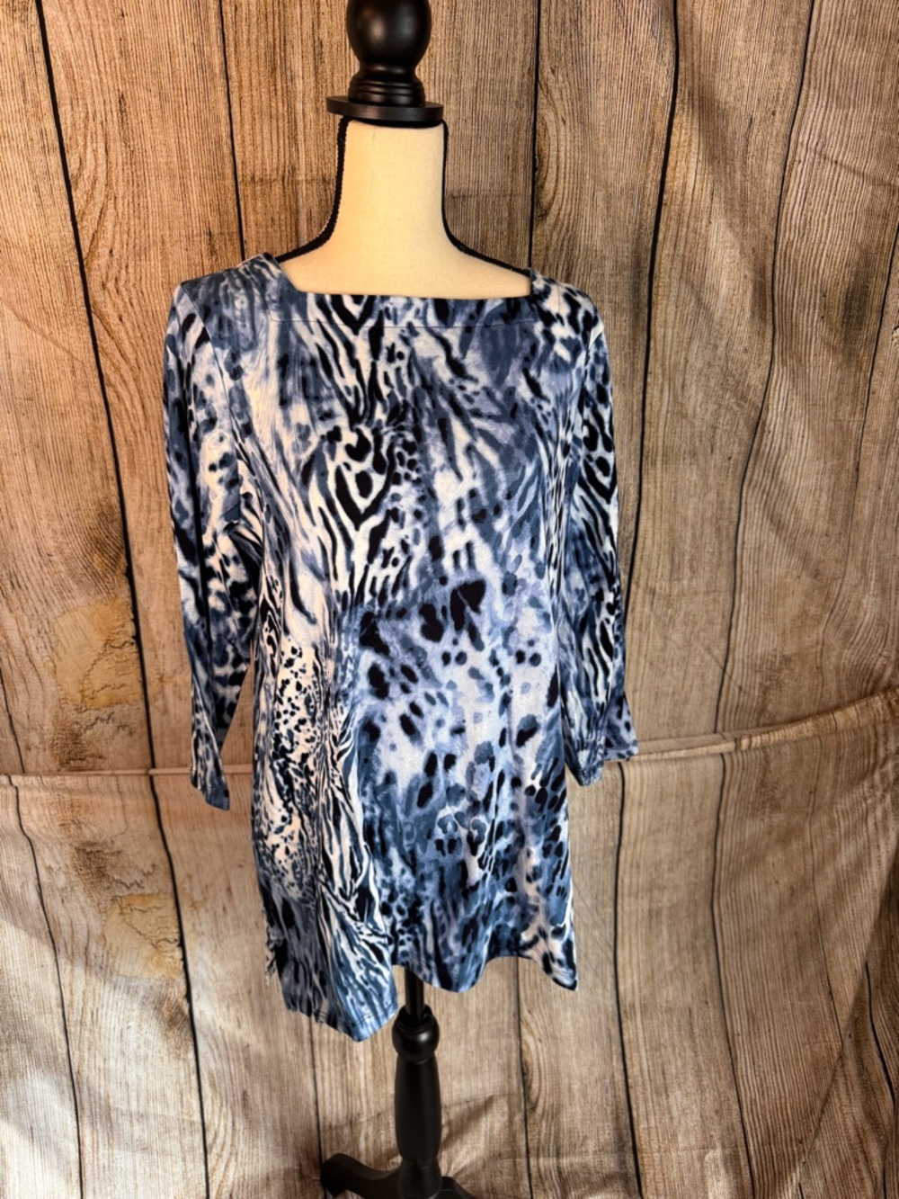 Women's Blue Animal-Print Boatneck Knit Top